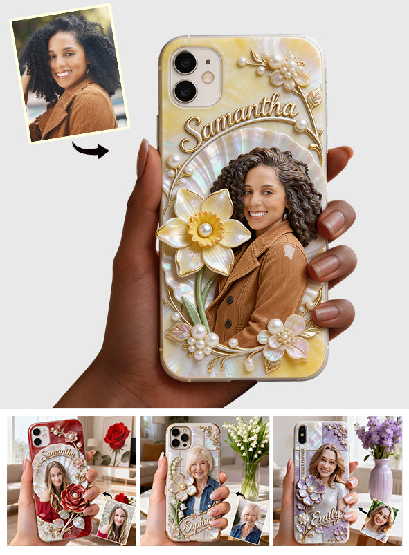 Coque de téléphone personnalisée avec photo et fleur de naissance - Impression intégrale « Amour de soi »