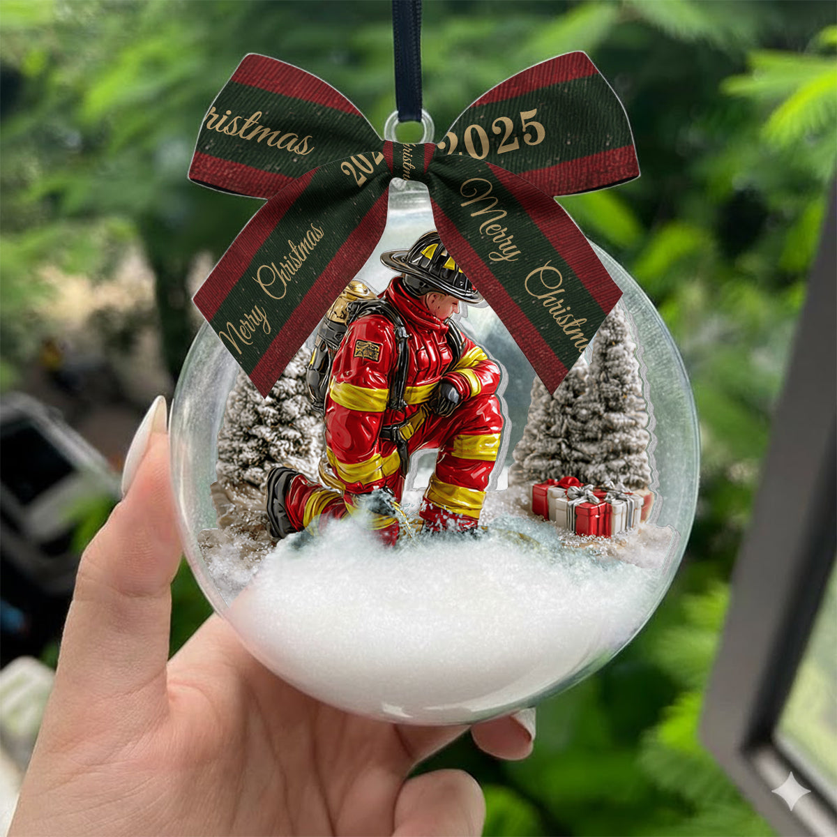 Proud Firefighter - Personalized Firefighter Snow Globe Ornament With Bow