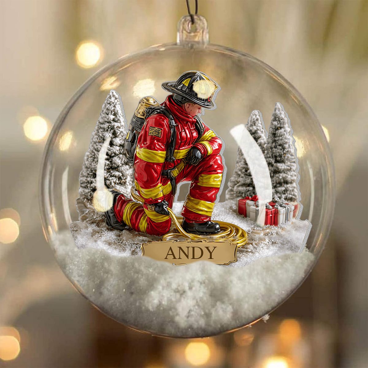 Proud Firefighter - Personalized Firefighter Snow Globe Ornament With Bow