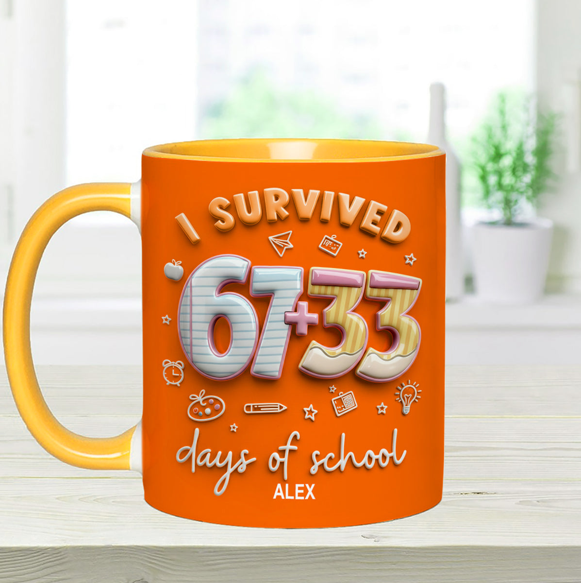 I Survived 67 + 33 Days Of School - Personalized Teacher Set Accent Mug with Acrylic Stirres