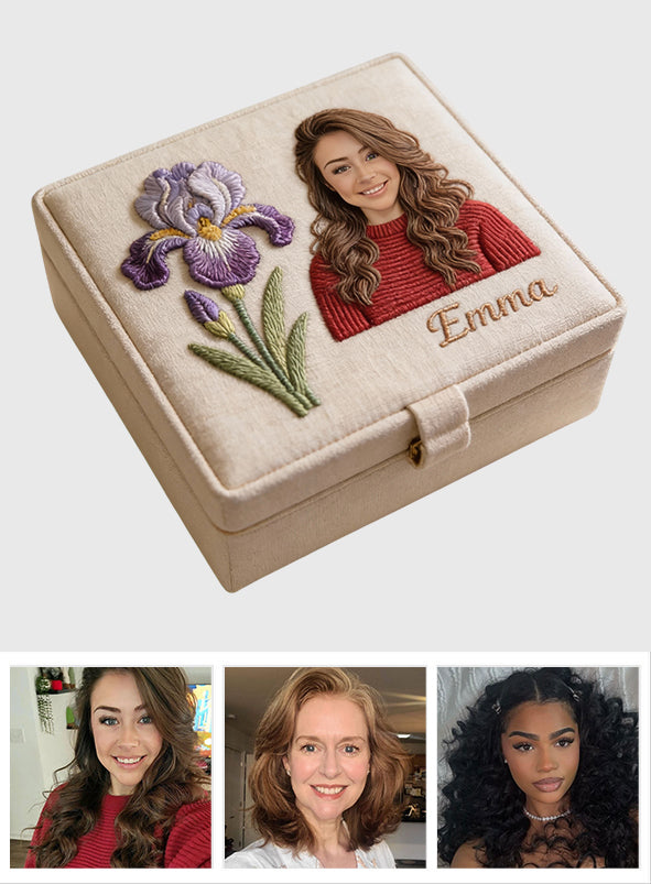 Boîte à bijoux personnalisée avec photo et fleur pour votre anniversaire - Coffret à bijoux « Amour de soi »