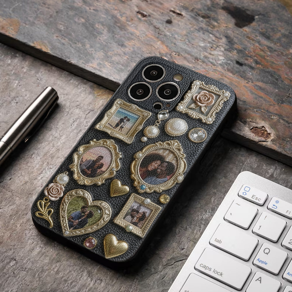 Einzigartiges Geschenk für Paare: Personalisierter Fotorahmen aus Leder – Handyhülle für Paare