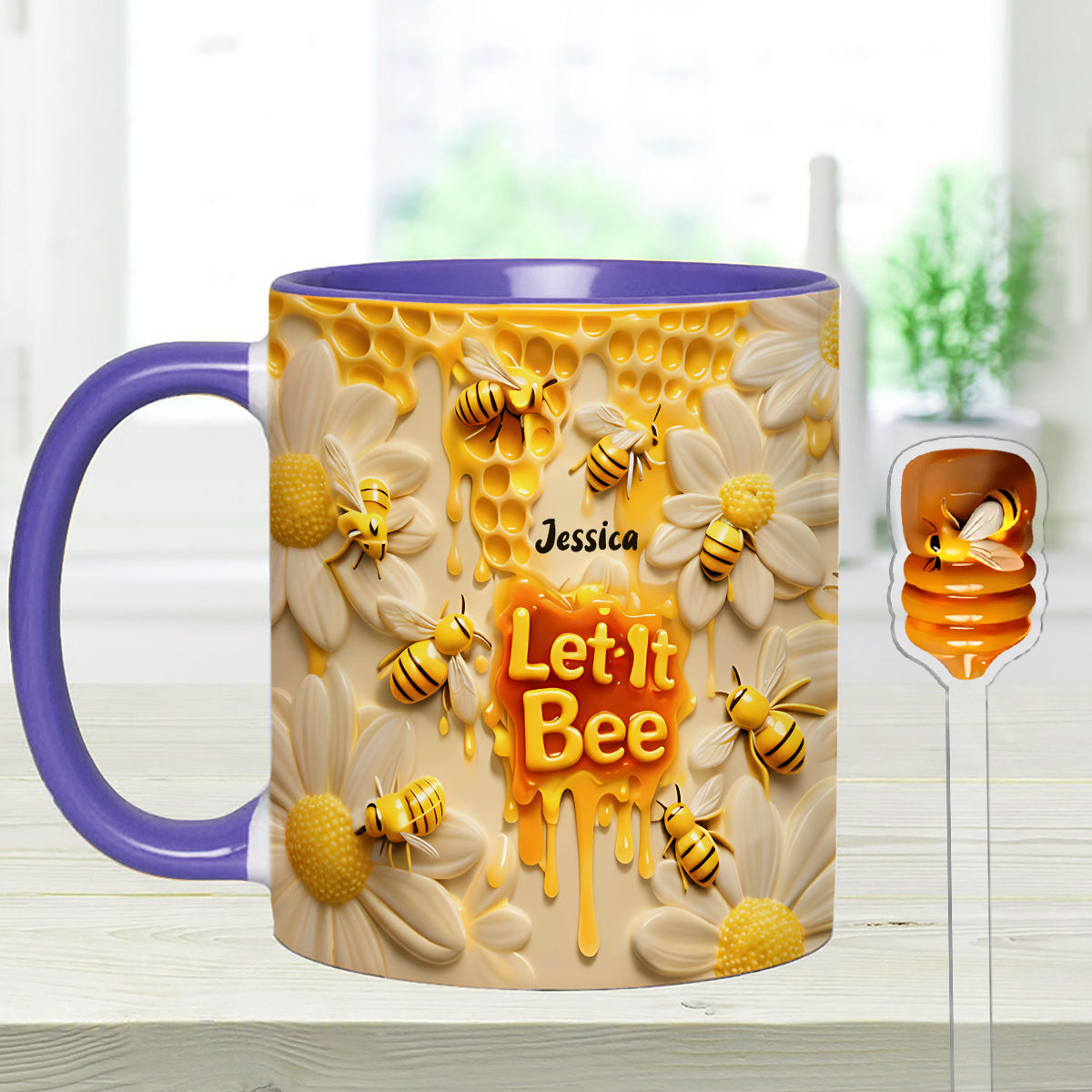 Let It Bee, Bee Flowers - Mug personnalisé avec agitateurs en acrylique