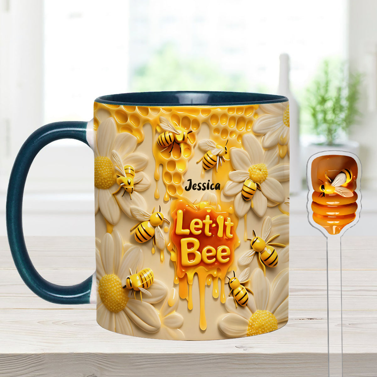Let It Bee, Bee Flowers - Mug personnalisé avec agitateurs en acrylique