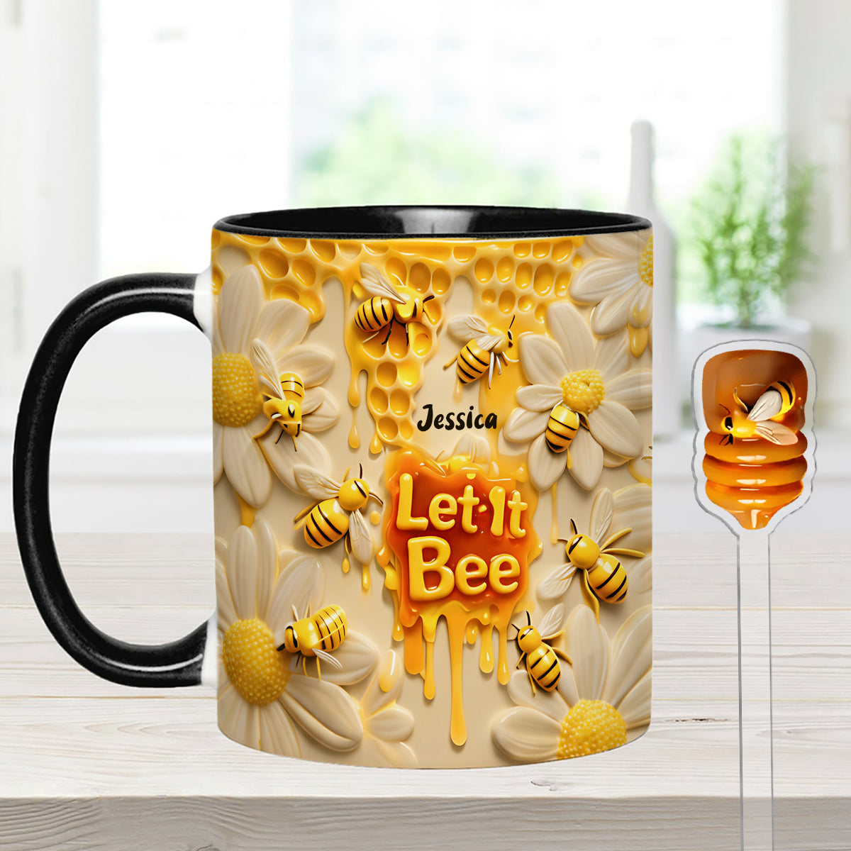 Let It Bee, Bee Flowers - Mug personnalisé avec agitateurs en acrylique