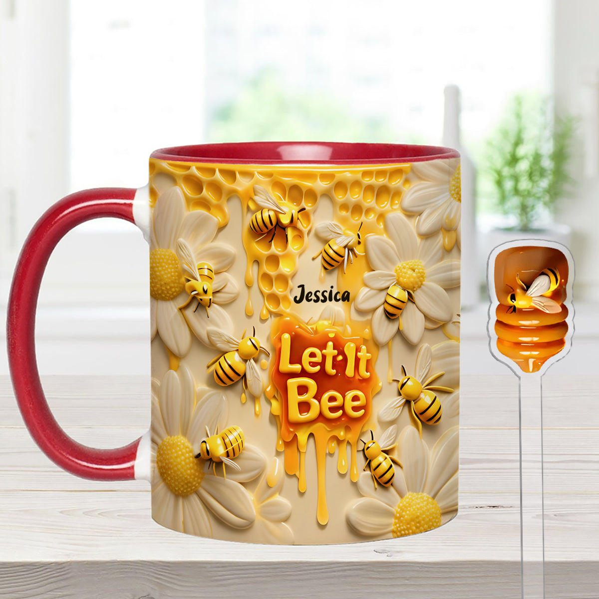 Let It Bee, Bee Flowers - Mug personnalisé avec agitateurs en acrylique