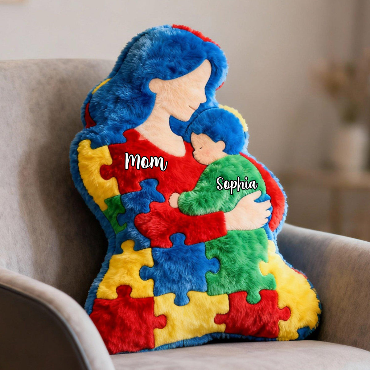 Mom And Kid - Personalized Autism Awareness Faux Fur Shaped Pillow