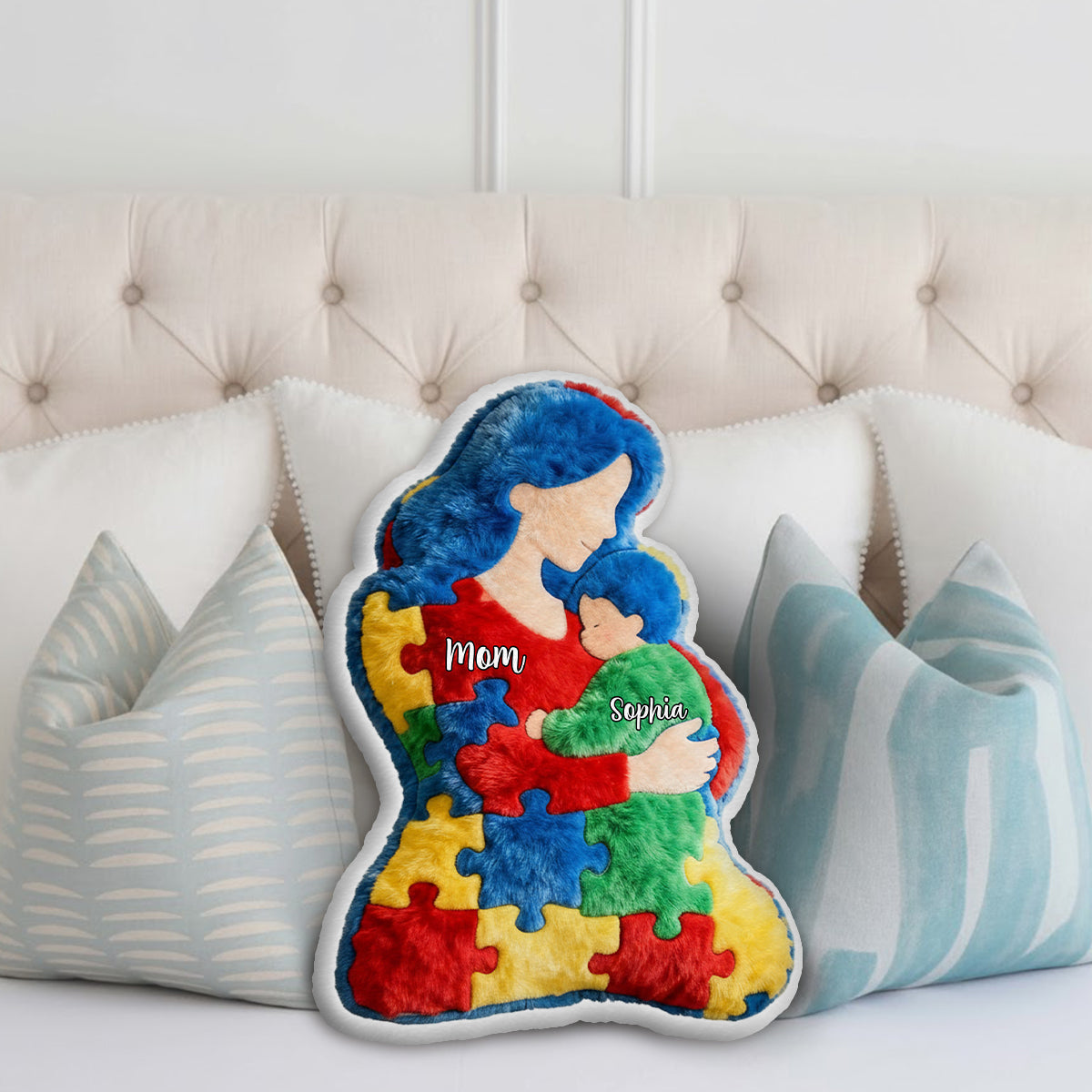 Mom And Kid - Personalized Autism Awareness Faux Fur Shaped Pillow