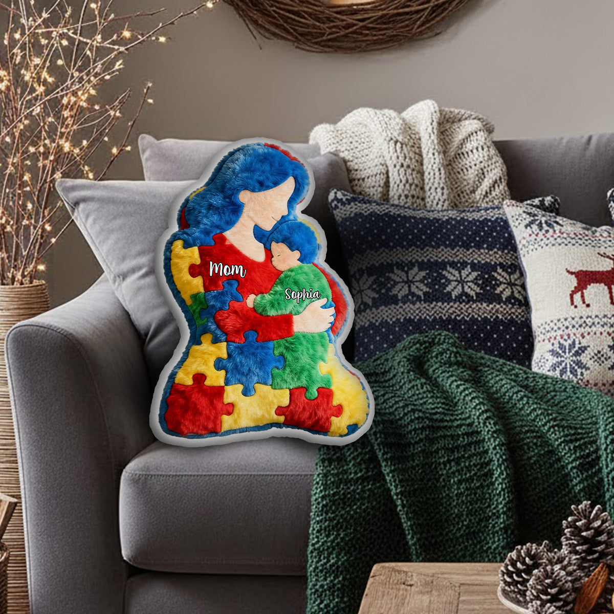 Mom And Kid - Personalized Autism Awareness Faux Fur Shaped Pillow