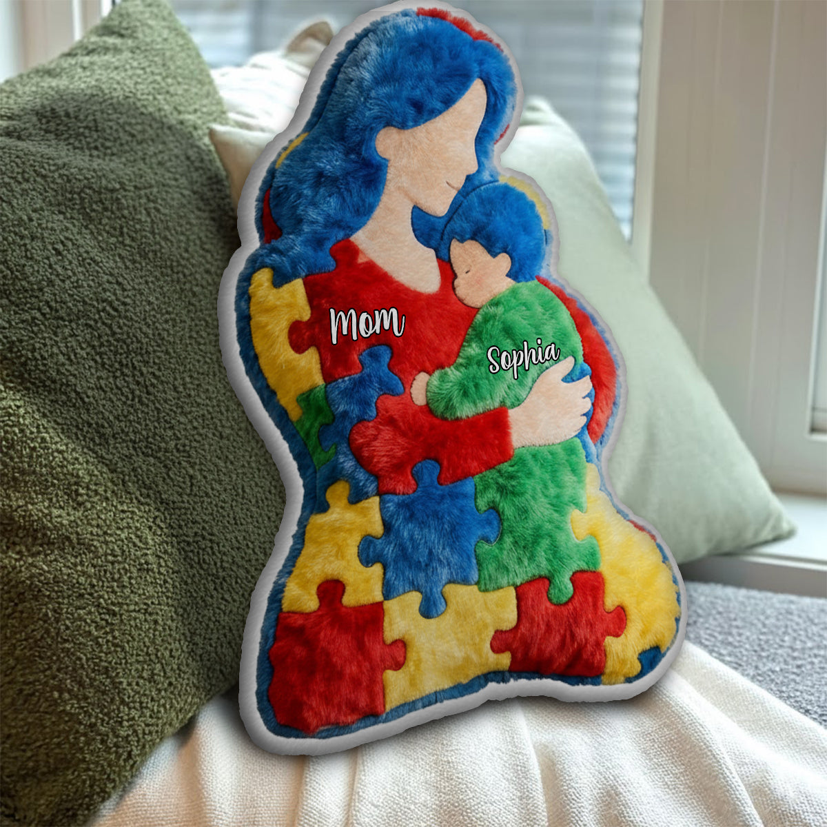 Mom And Kid - Personalized Autism Awareness Faux Fur Shaped Pillow