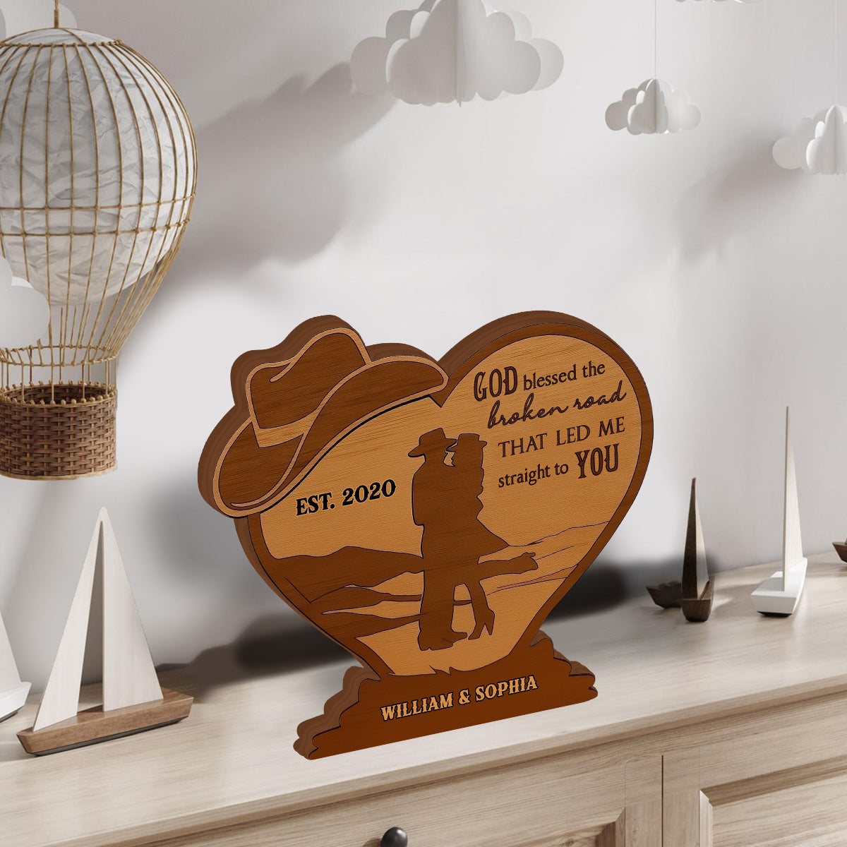 Cowboy Couple God Blessed The Broken Road - Personalized Couple Custom Shaped Wood Plaque