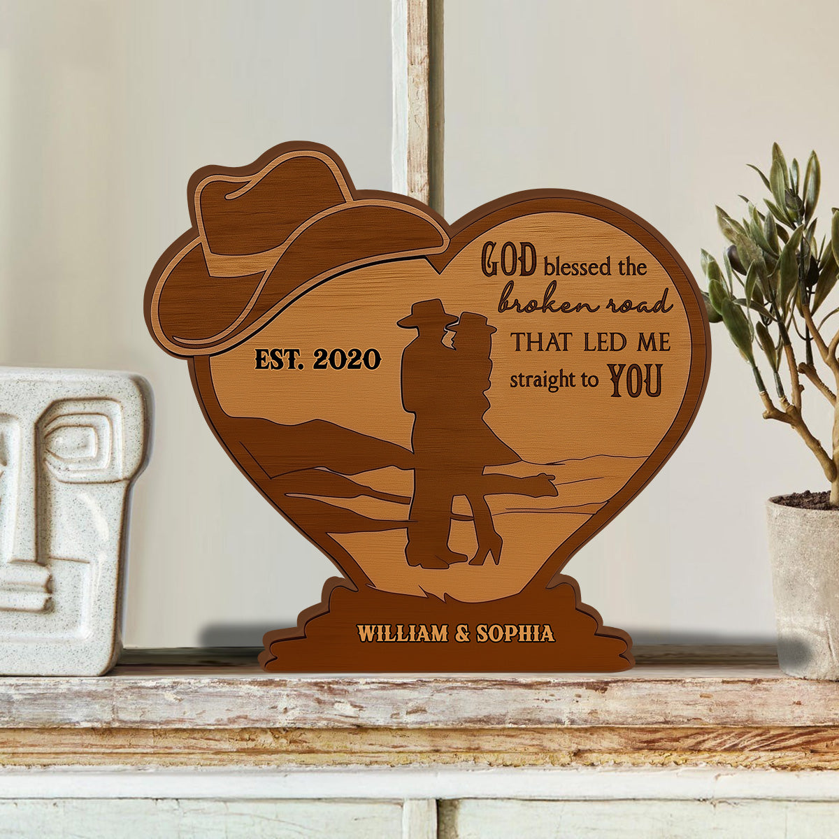 Cowboy Couple God Blessed The Broken Road - Personalized Couple Custom Shaped Wood Plaque