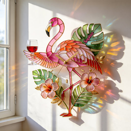 Flamant Élégant Vibe Tropical - Horloge Murale Acrylique Personnalisée