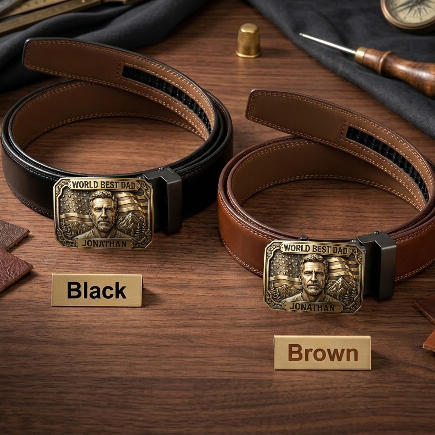 Unique Gift For Father's Day - Personalized Father Leather Belt With Shaped Buckle