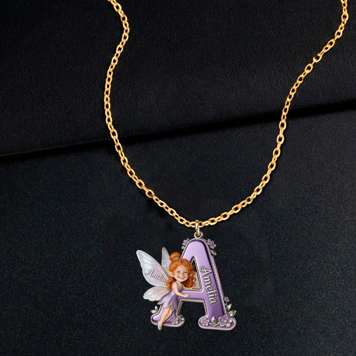 Fairy Character Alphabet Letter - Personalized Kid Shaped Metal Pendant Necklace