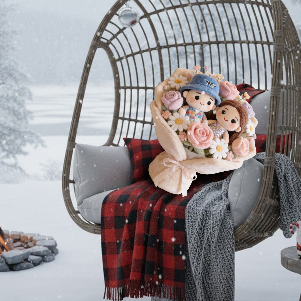 Lovely Couple Flowers Red Roses Bouquet - Personalized Couple Faux Fur Shaped Pillow