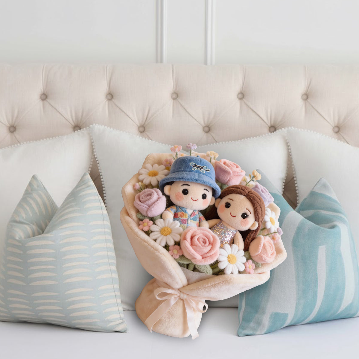 Lovely Couple Flowers Red Roses Bouquet - Personalized Couple Faux Fur Shaped Pillow