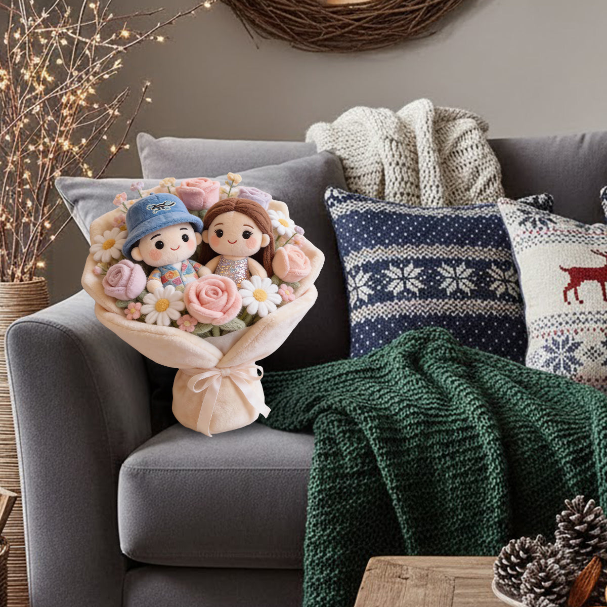 Lovely Couple Flowers Red Roses Bouquet - Personalized Couple Faux Fur Shaped Pillow