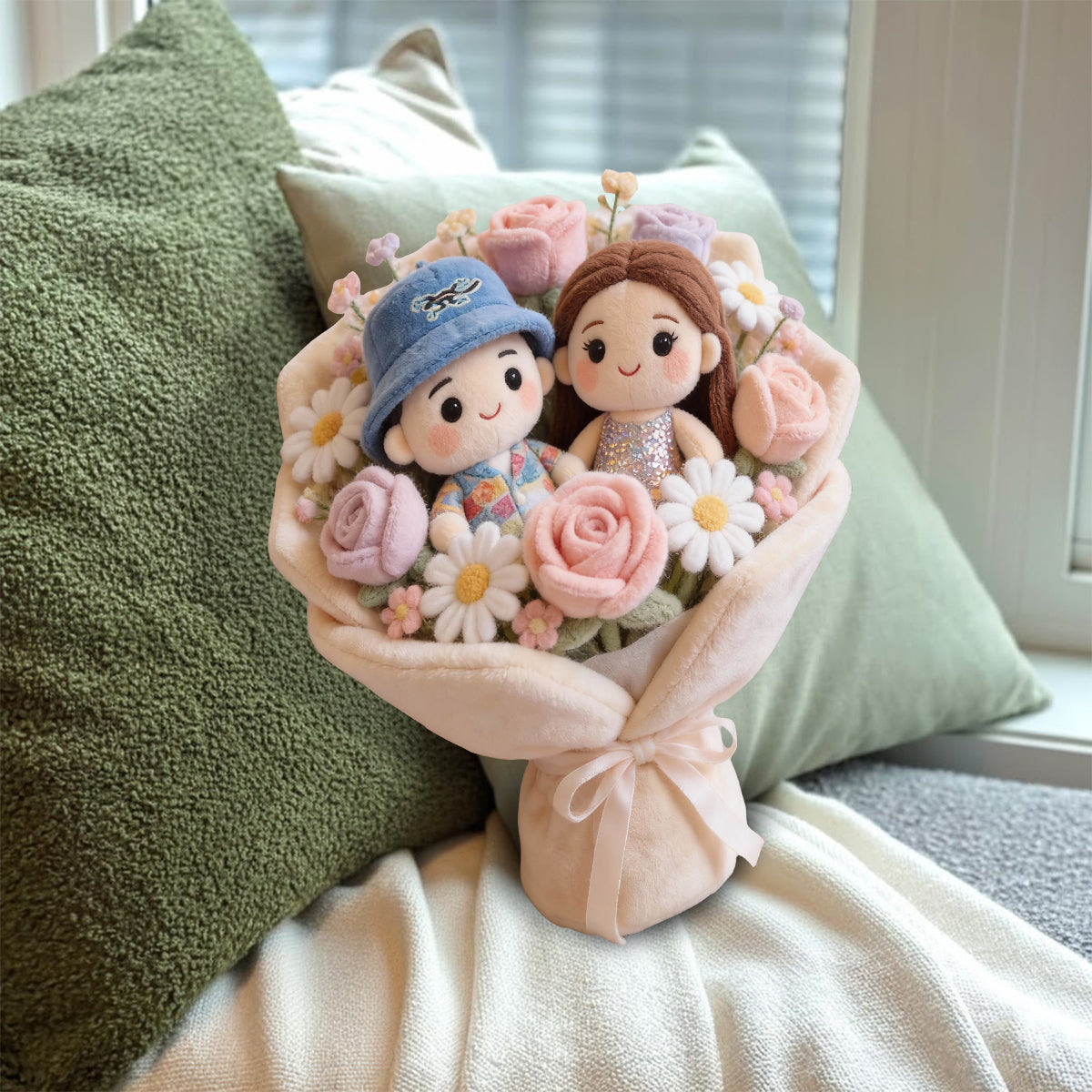 Lovely Couple Flowers Red Roses Bouquet - Personalized Couple Faux Fur Shaped Pillow