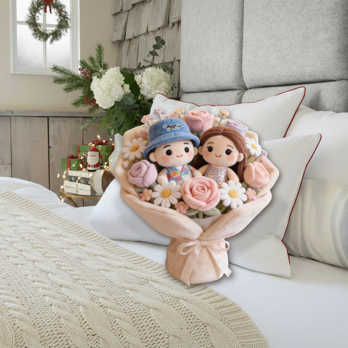 Lovely Couple Flowers Red Roses Bouquet - Personalized Couple Faux Fur Shaped Pillow