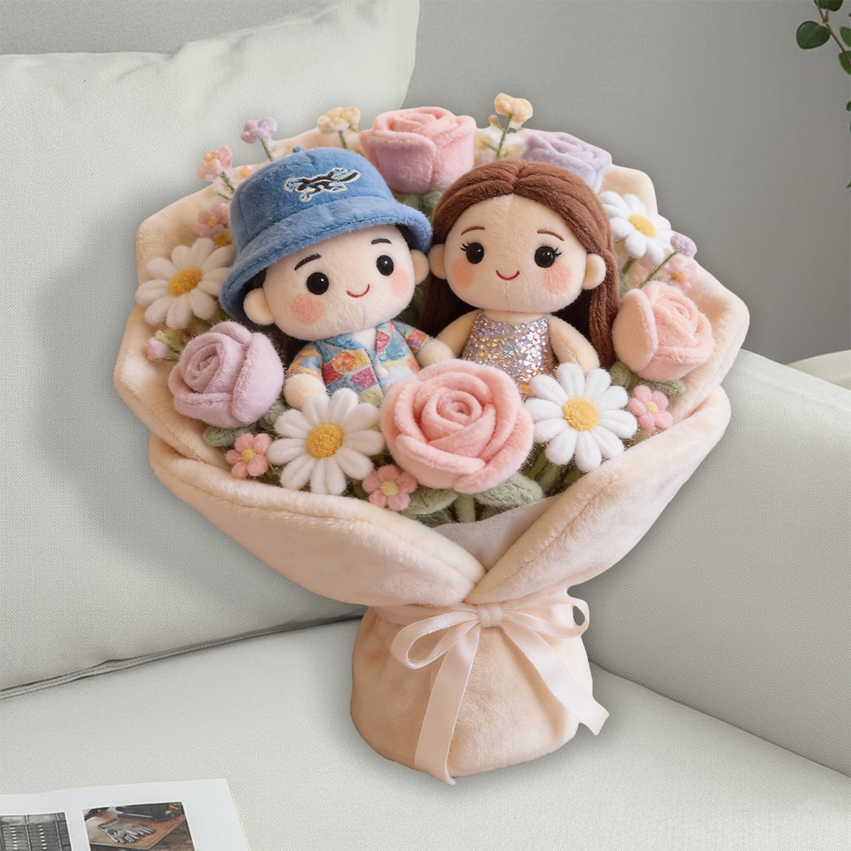 Lovely Couple Flowers Red Roses Bouquet - Personalized Couple Faux Fur Shaped Pillow