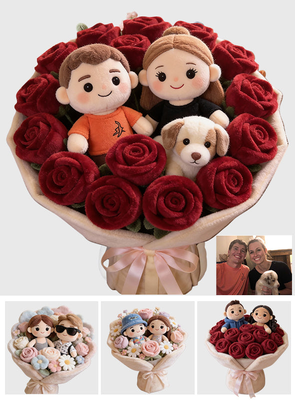 Lovely Couple Flowers Red Roses Bouquet - Personalized Couple Faux Fur Shaped Pillow