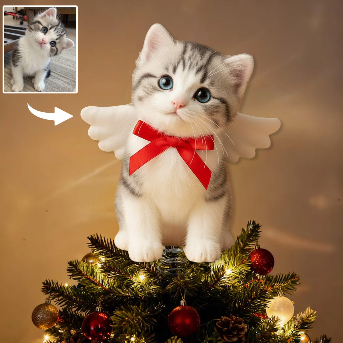 Merry Christmas - Personalized Cat LED Light Tree Topper