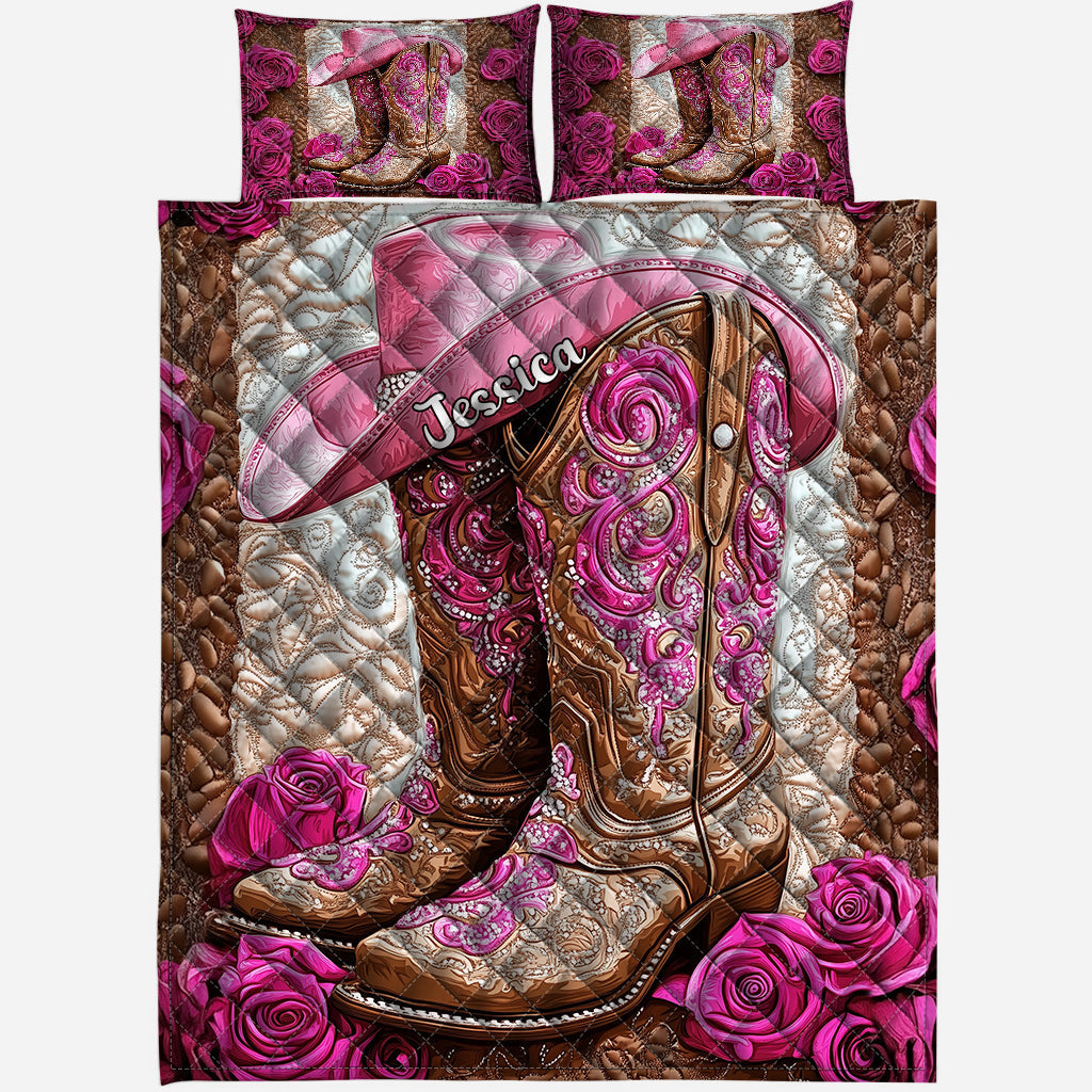 Bottes de cowgirl roses - Ensemble de courtepointe de cowgirl personnalisé