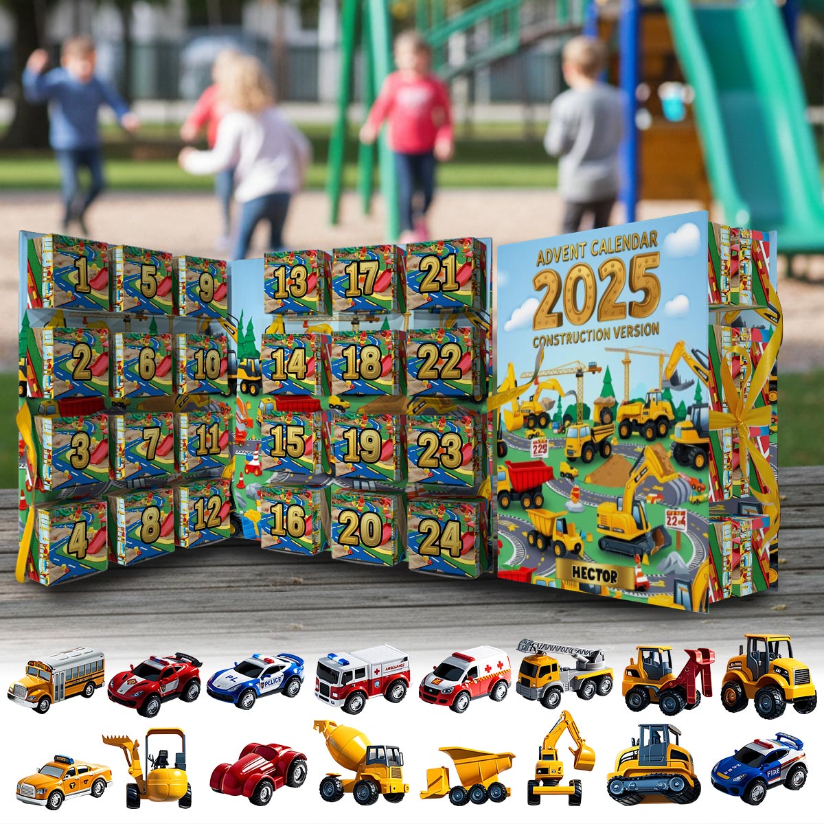 Construction Version - Personalized Kid Folded Advent Calendar With Ornaments