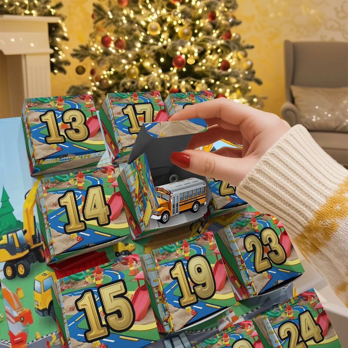 Construction Version - Personalized Kid Folded Advent Calendar With Ornaments