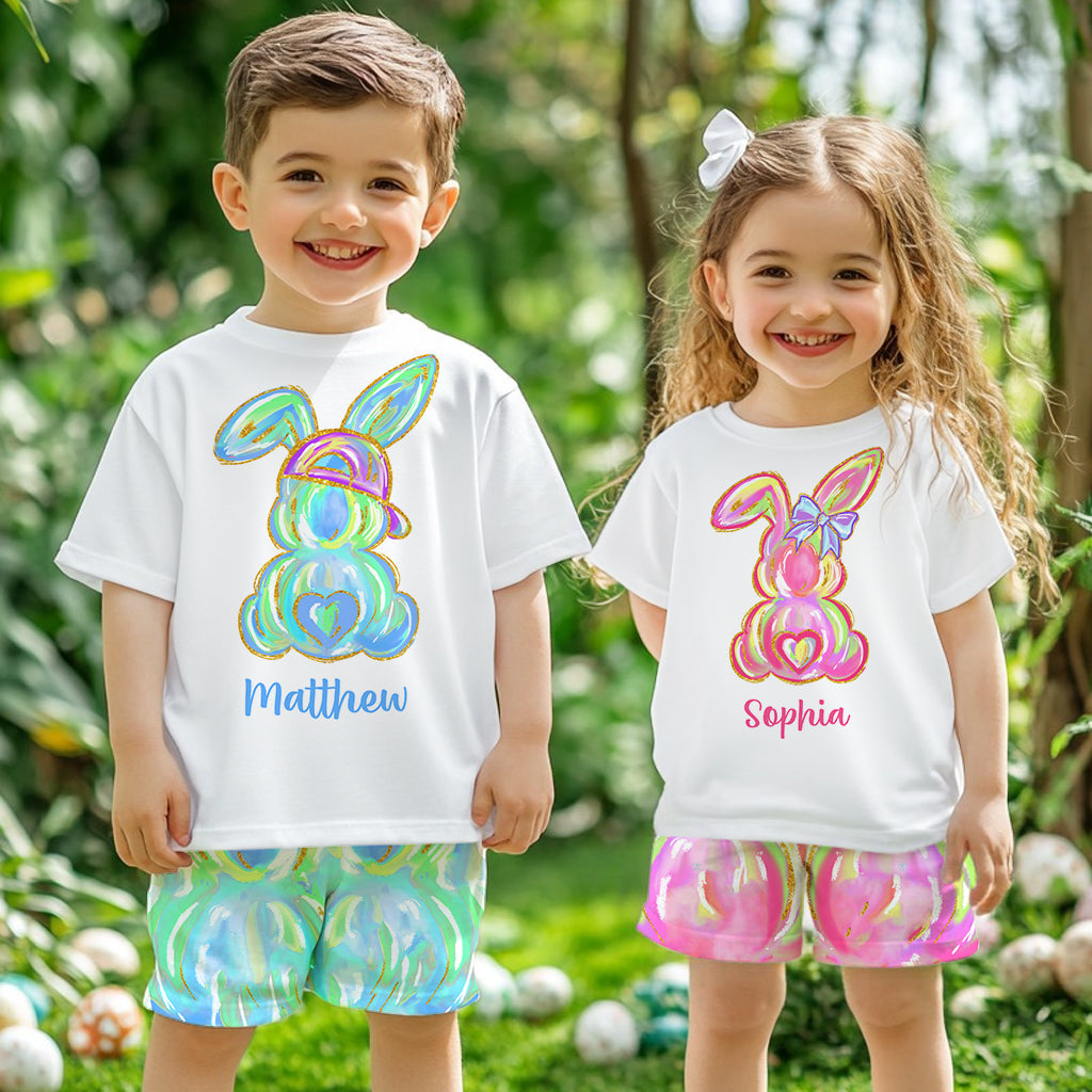 Colorful Brushstroke Easter Bunnies - Personalized Kid T-shirt & Shorts