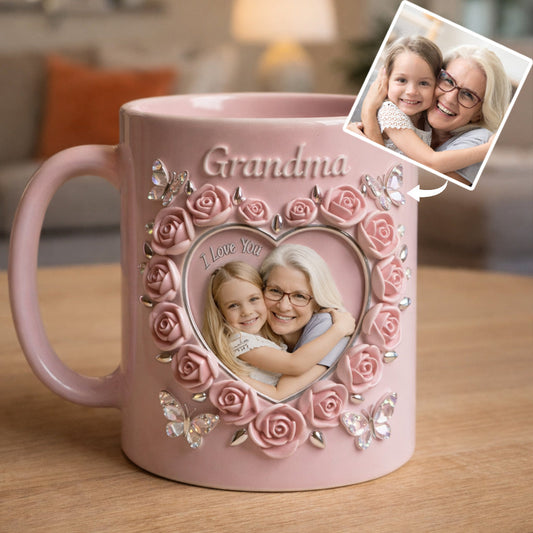 Mug personnalisé avec photo, fleur de naissance, composition florale, cadeau pour elle/maman/grand-mère... - Mug personnalisé pour grand-mère