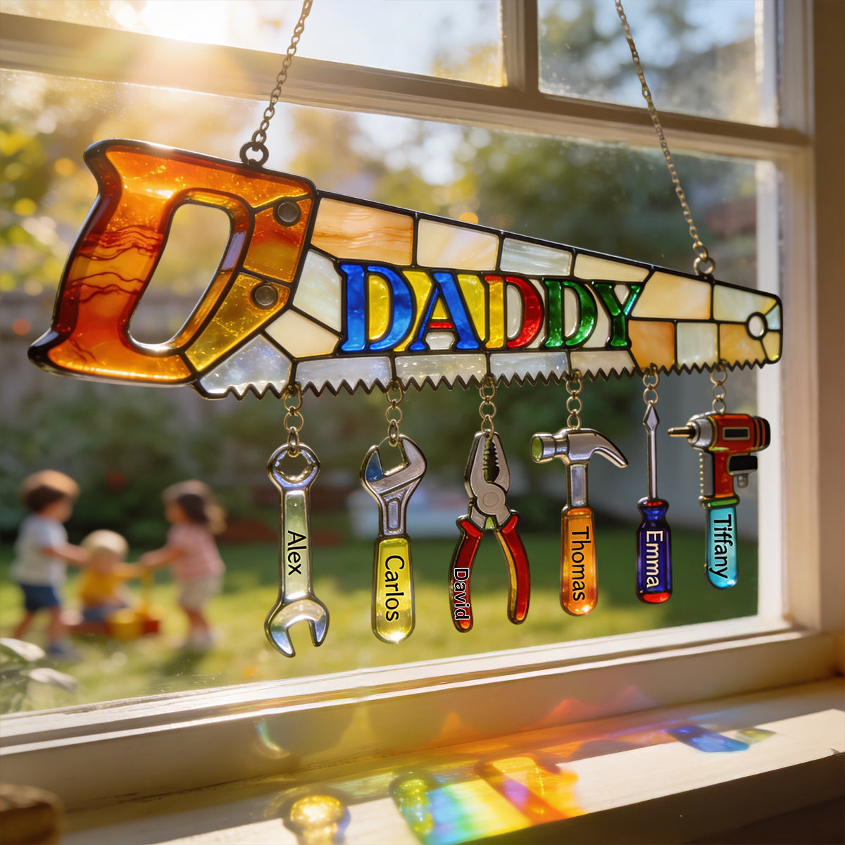 Bester Papa aller Zeiten - Personalisierter Fensterhängender Sonnenfänger mit individuellen Charms