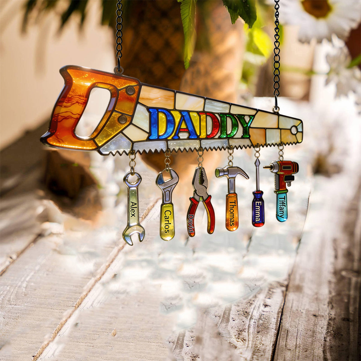 Bester Papa aller Zeiten - Personalisierter Fensterhängender Sonnenfänger mit individuellen Charms