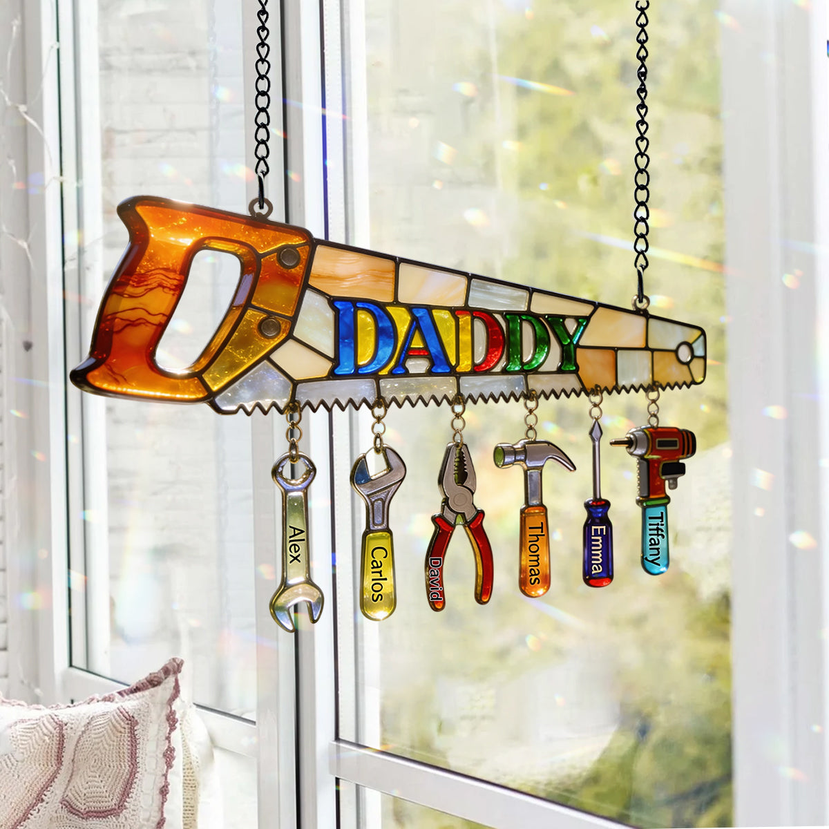 Bester Papa aller Zeiten - Personalisierter Fensterhängender Sonnenfänger mit individuellen Charms