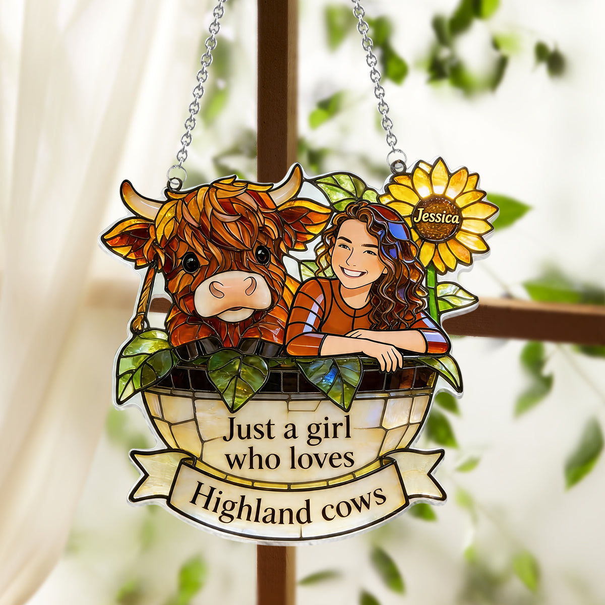 Benutzerdefiniertes Foto - Personalisierter Highland Cow Fensterhänger Suncatcher Ornament