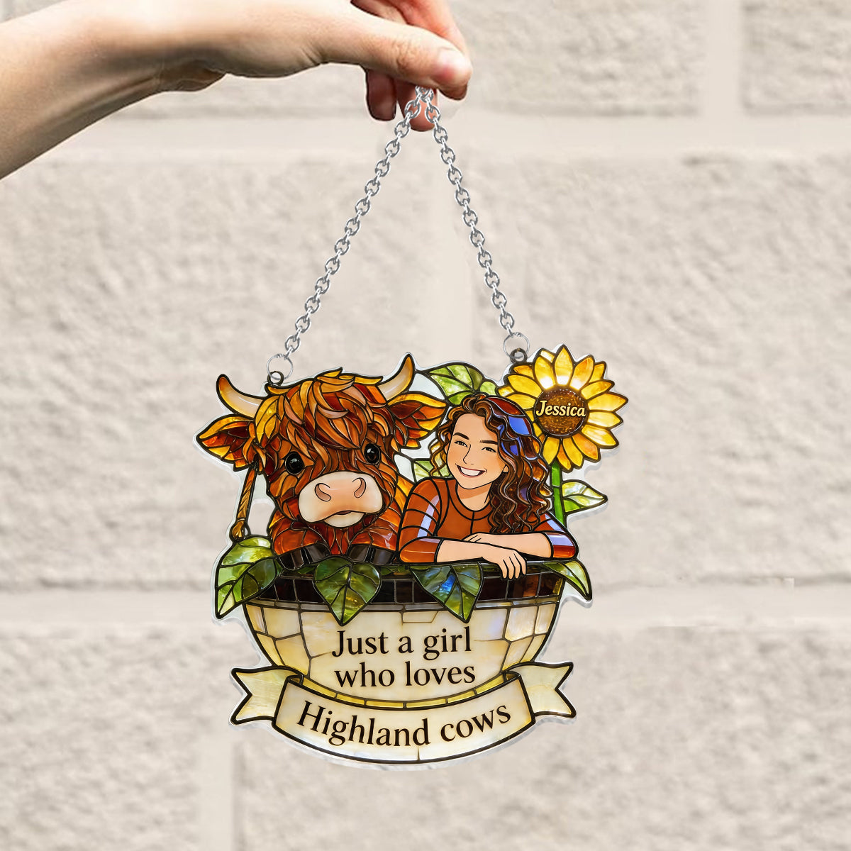 Benutzerdefiniertes Foto - Personalisierter Highland Cow Fensterhänger Suncatcher Ornament