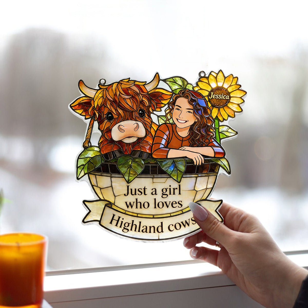 Benutzerdefiniertes Foto - Personalisierter Highland Cow Fensterhänger Suncatcher Ornament