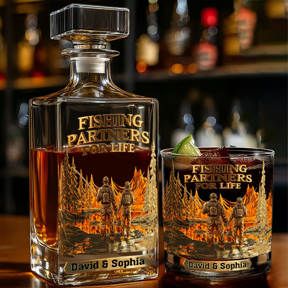 Fishing Partners For Life - Personalized Fishing Whiskey Decanter Set