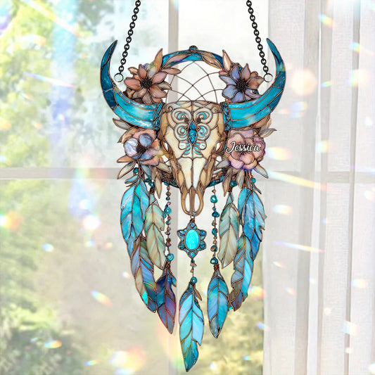 Tête de taureau fleurie - Attrape-soleil personnalisé pour fenêtre, style cowgirl - Ornement décoratif à suspendre - Ornement décoratif attrape-soleil - Crâne de taureau fleuri