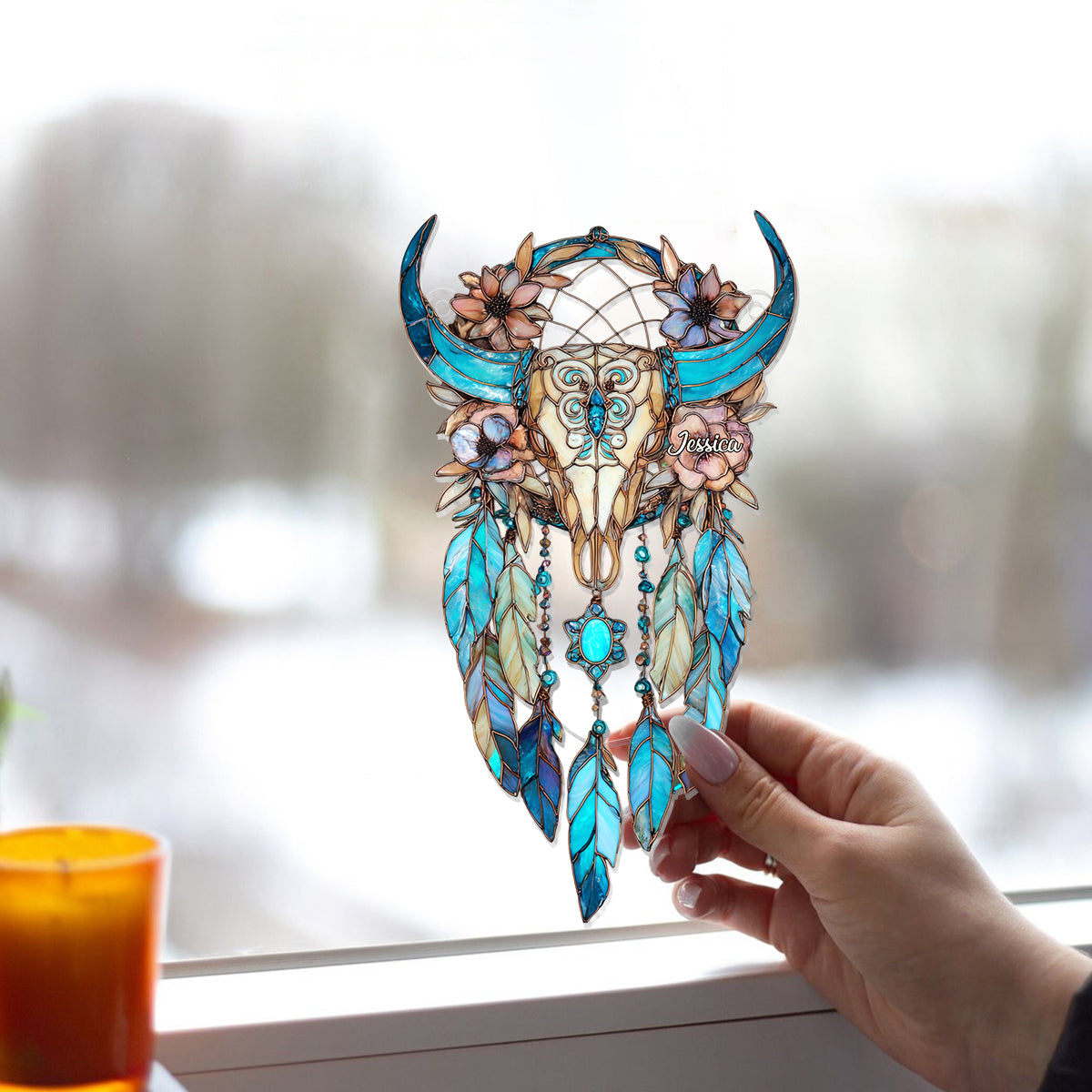 Blumen-Stierschädel – Personalisierter Cowgirl-Fensterhänger als Sonnenfänger 