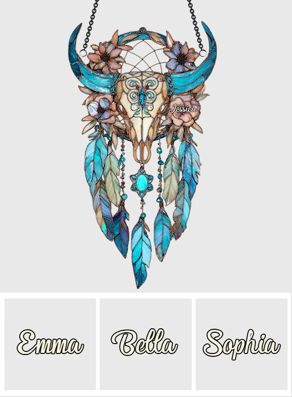 Blumen-Stierschädel – Personalisierter Cowgirl-Fensterhänger als Sonnenfänger 