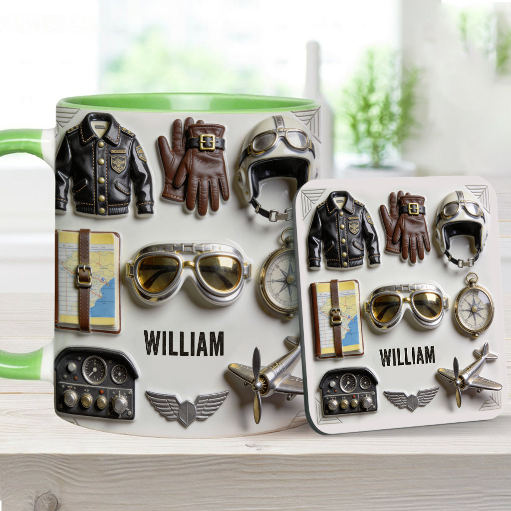 Taste Flight – Personalisierte Tasse und Untersetzer mit Pilotenmotiv