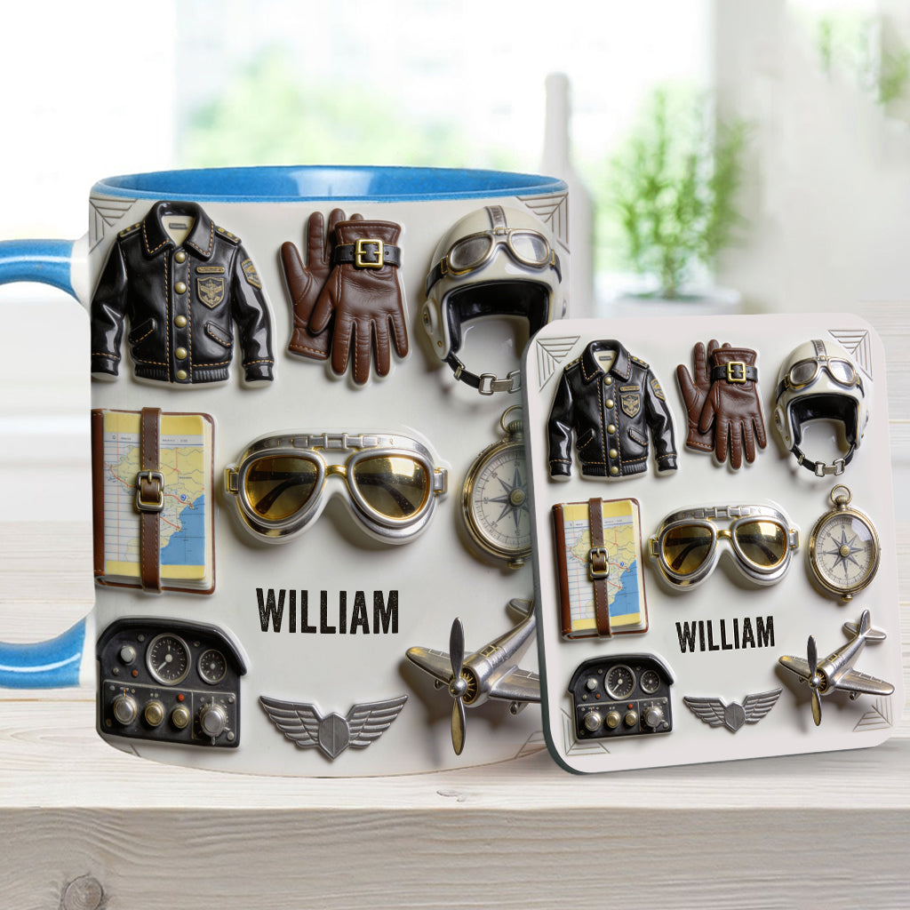 Taste Flight – Personalisierte Tasse und Untersetzer mit Pilotenmotiv