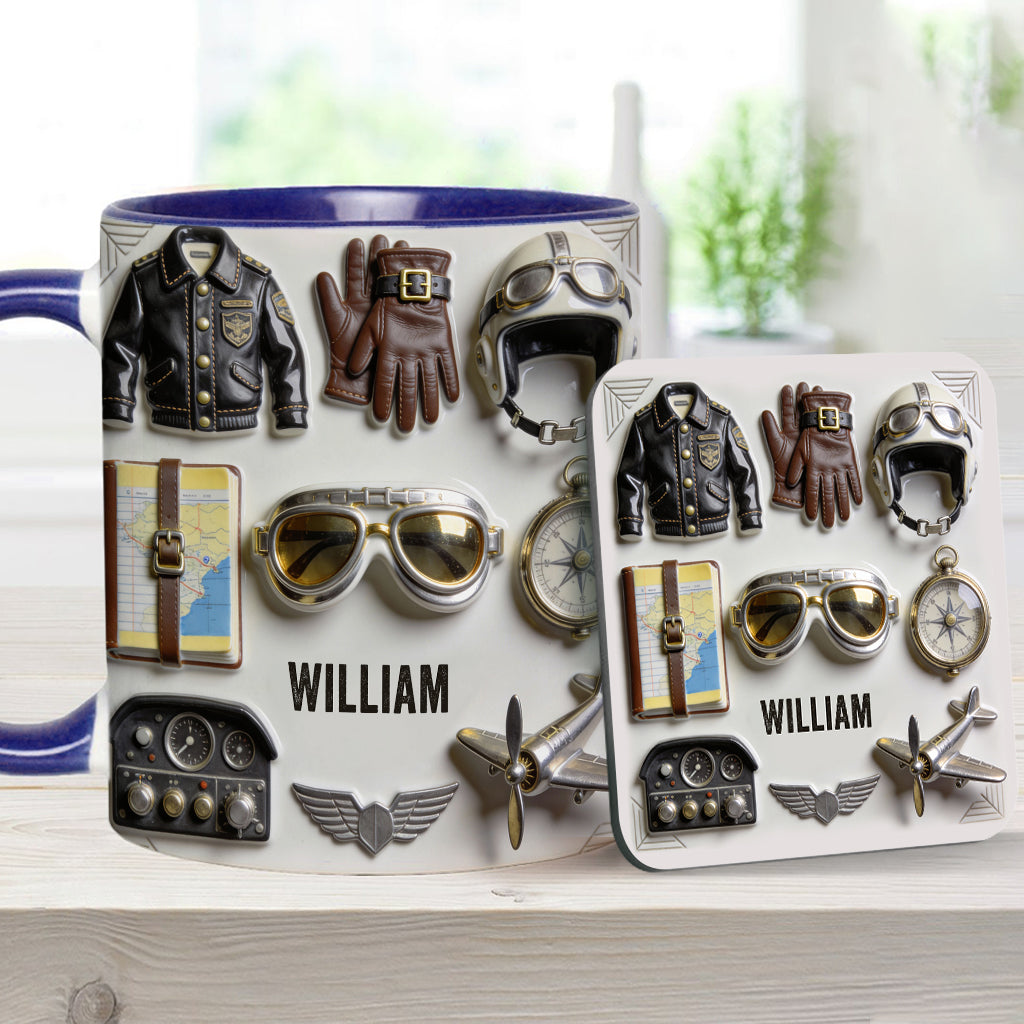 Taste Flight – Personalisierte Tasse und Untersetzer mit Pilotenmotiv