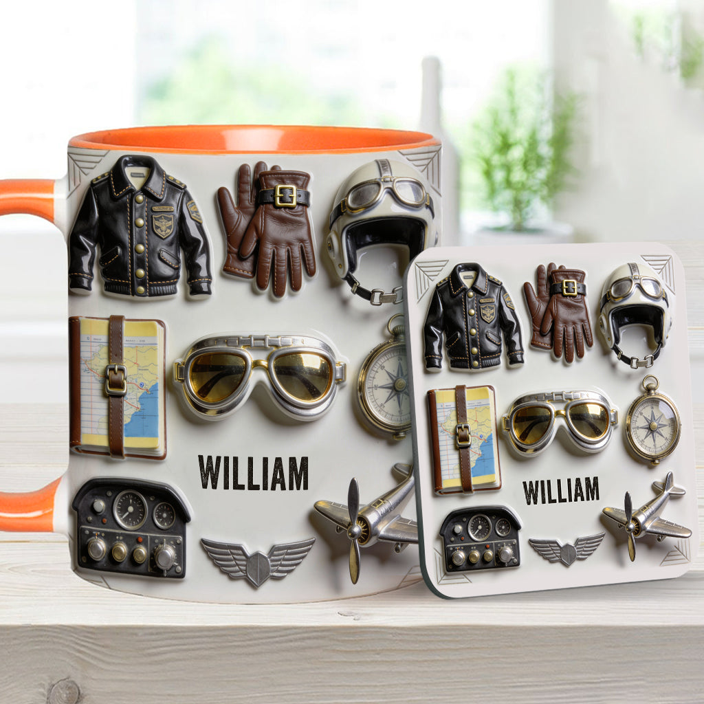 Taste Flight – Personalisierte Tasse und Untersetzer mit Pilotenmotiv