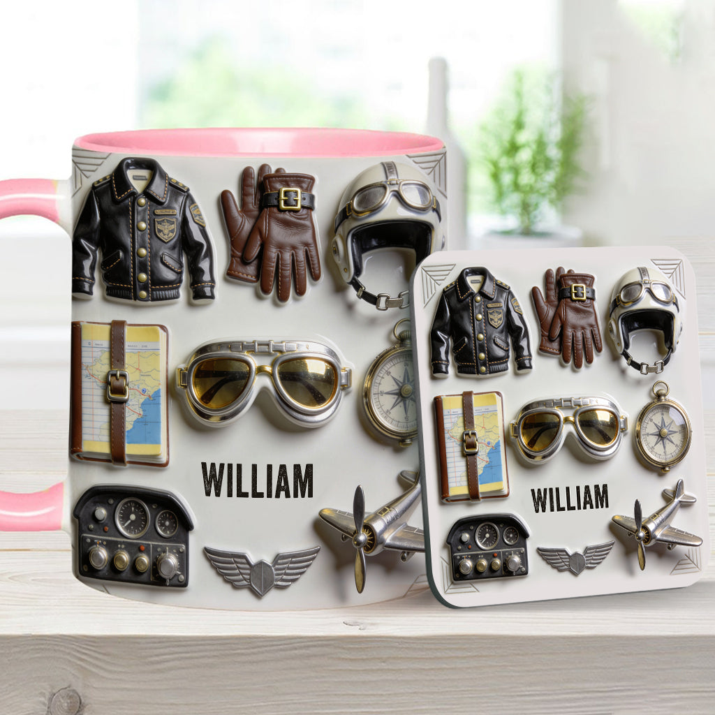 Taste Flight – Personalisierte Tasse und Untersetzer mit Pilotenmotiv