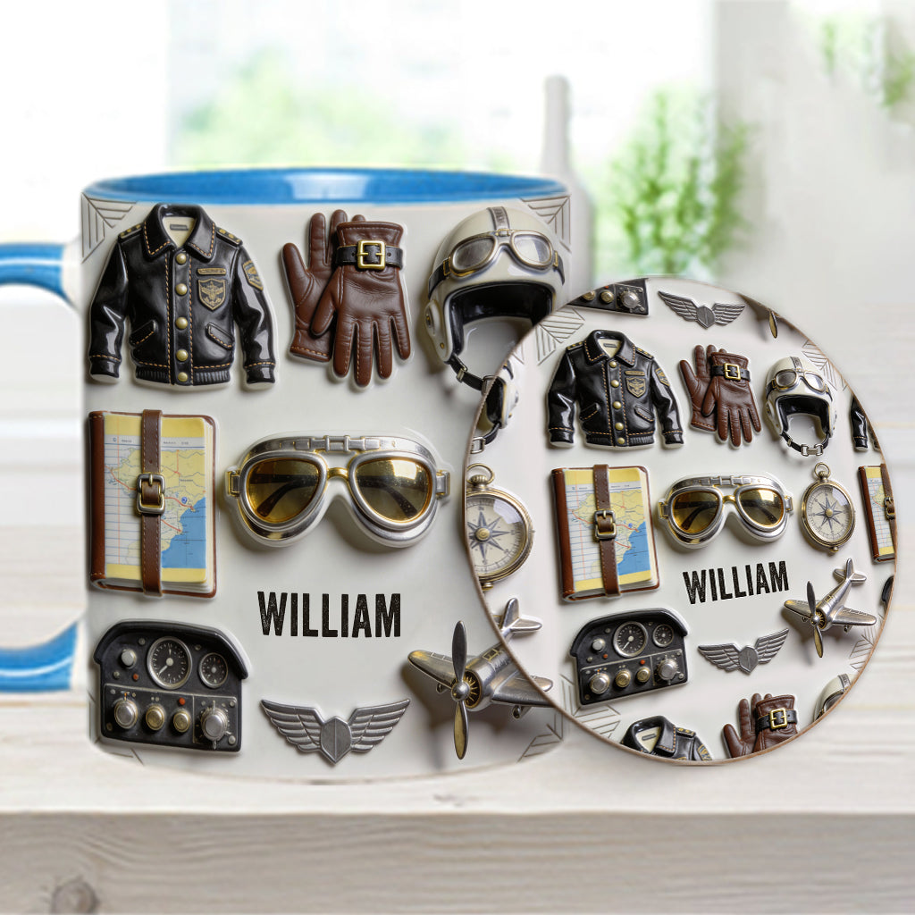 Taste Flight – Personalisierte Tasse und Untersetzer mit Pilotenmotiv