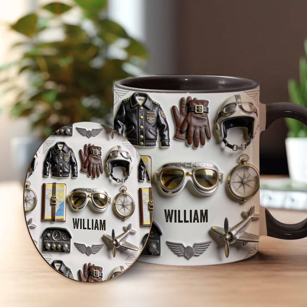 Taste Flight – Personalisierte Tasse und Untersetzer mit Pilotenmotiv