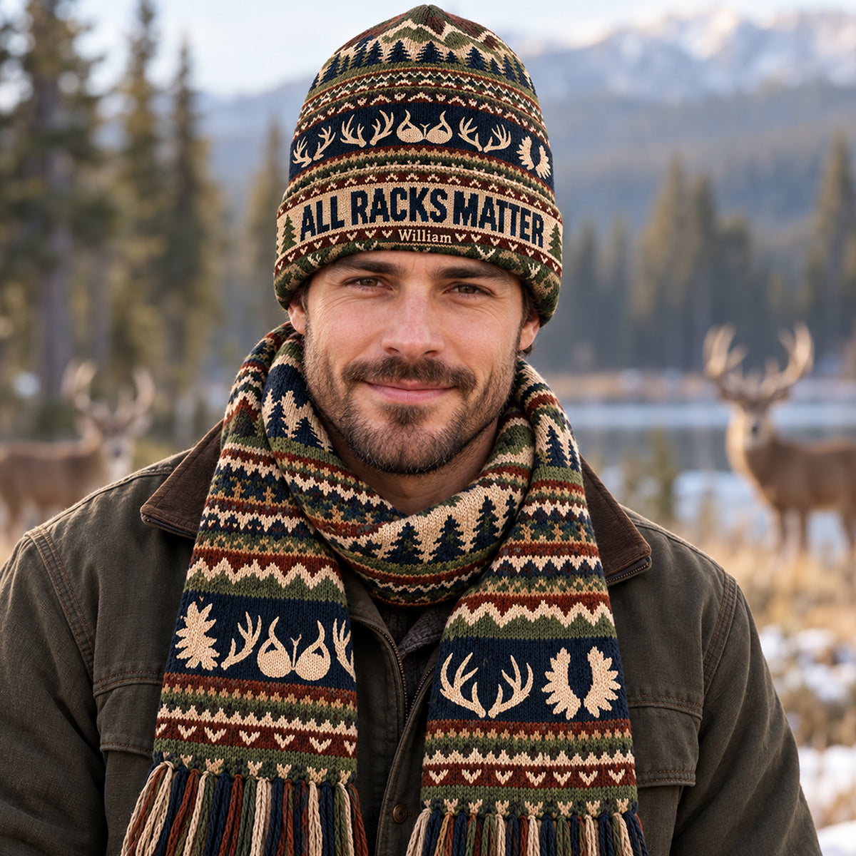 Lustige Jagd - Personalisierbares Strickmütze und Schal Set